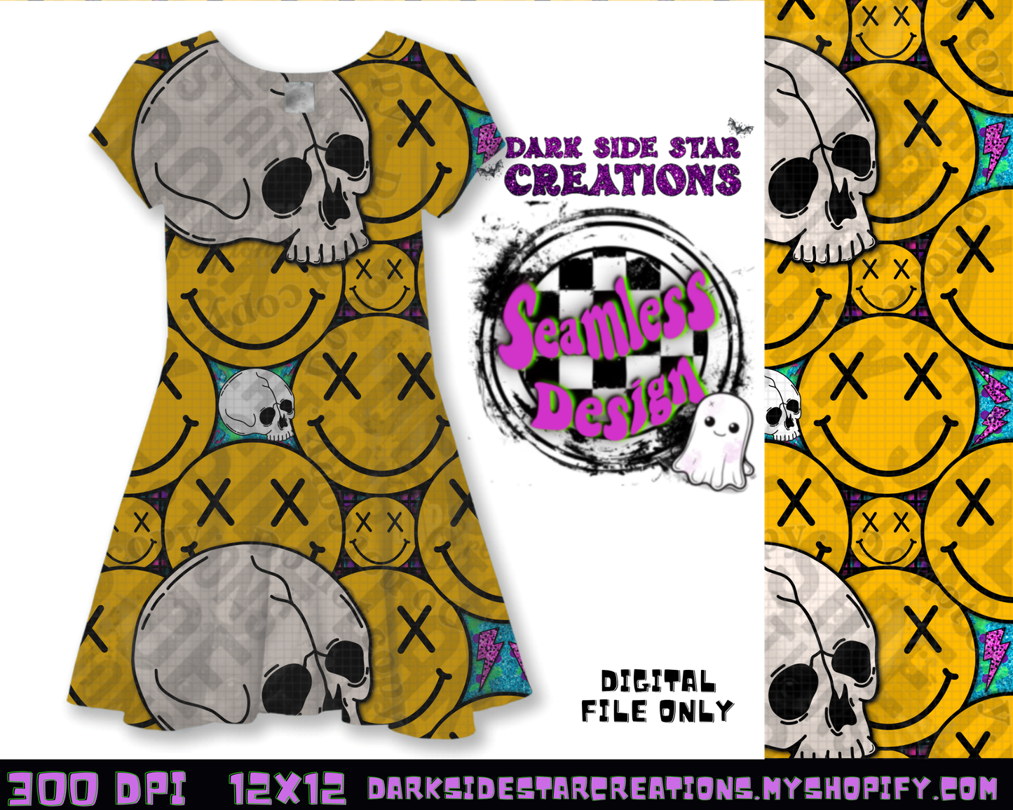 Happy Skull Seamless Design PNG | 300 DPI | 12X12 | Seamless | PNG | Digital Files Only (3 Sizes Included)