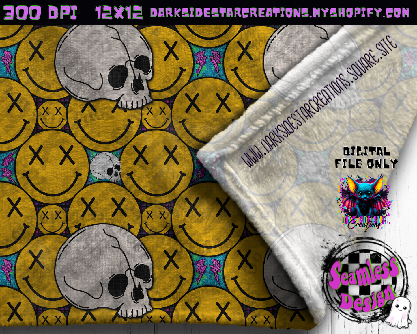 Happy Skull Seamless Design PNG | 300 DPI | 12X12 | Seamless | PNG | Digital Files Only (3 Sizes Included)