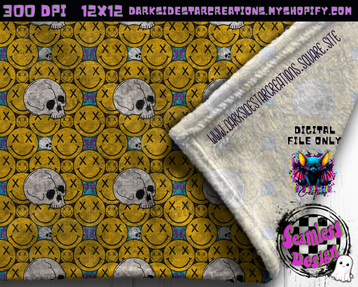 Happy Skull Seamless Design PNG | 300 DPI | 12X12 | Seamless | PNG | Digital Files Only (3 Sizes Included)