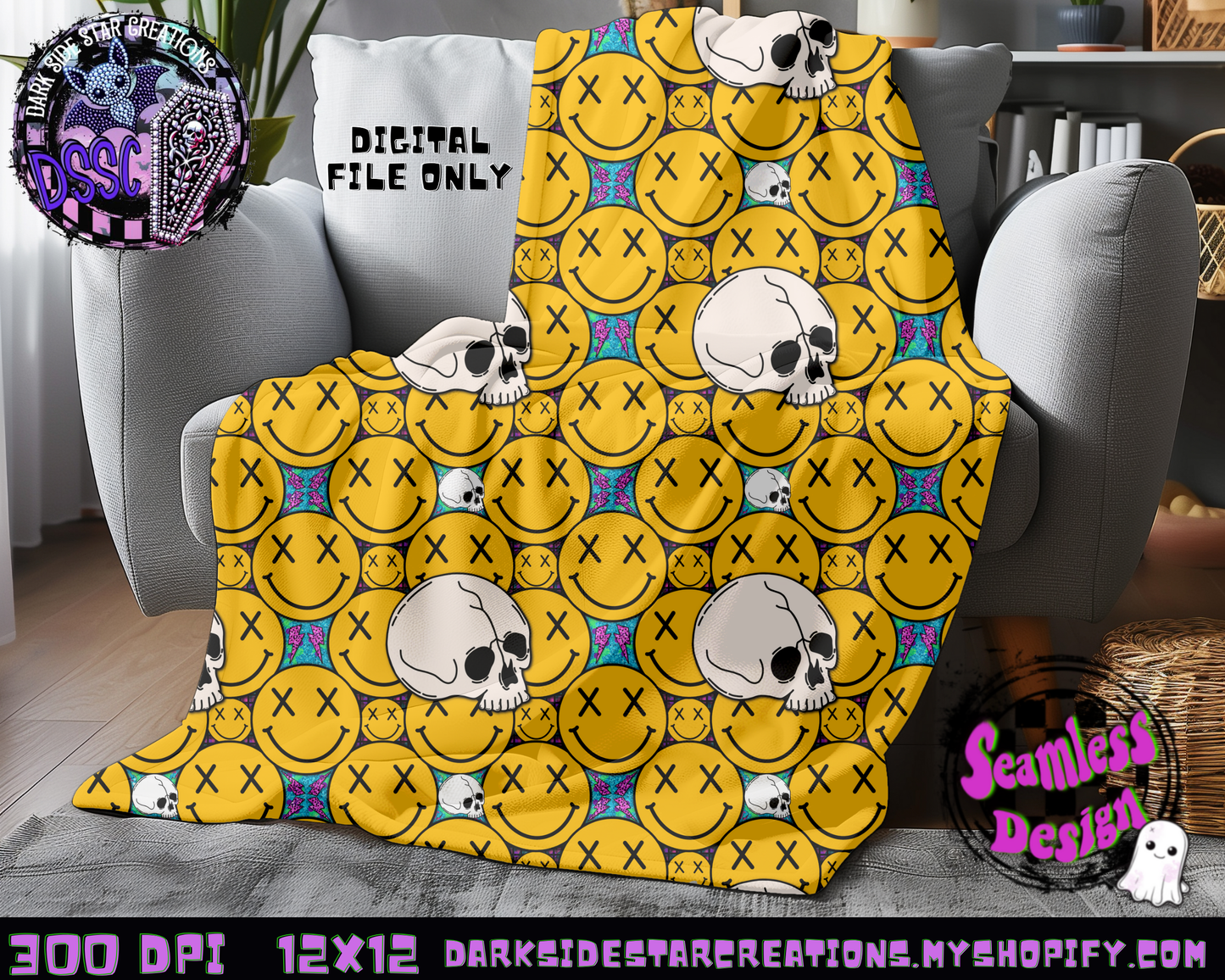 Happy Skull Seamless Design PNG | 300 DPI | 12X12 | Seamless | PNG | Digital Files Only (3 Sizes Included)