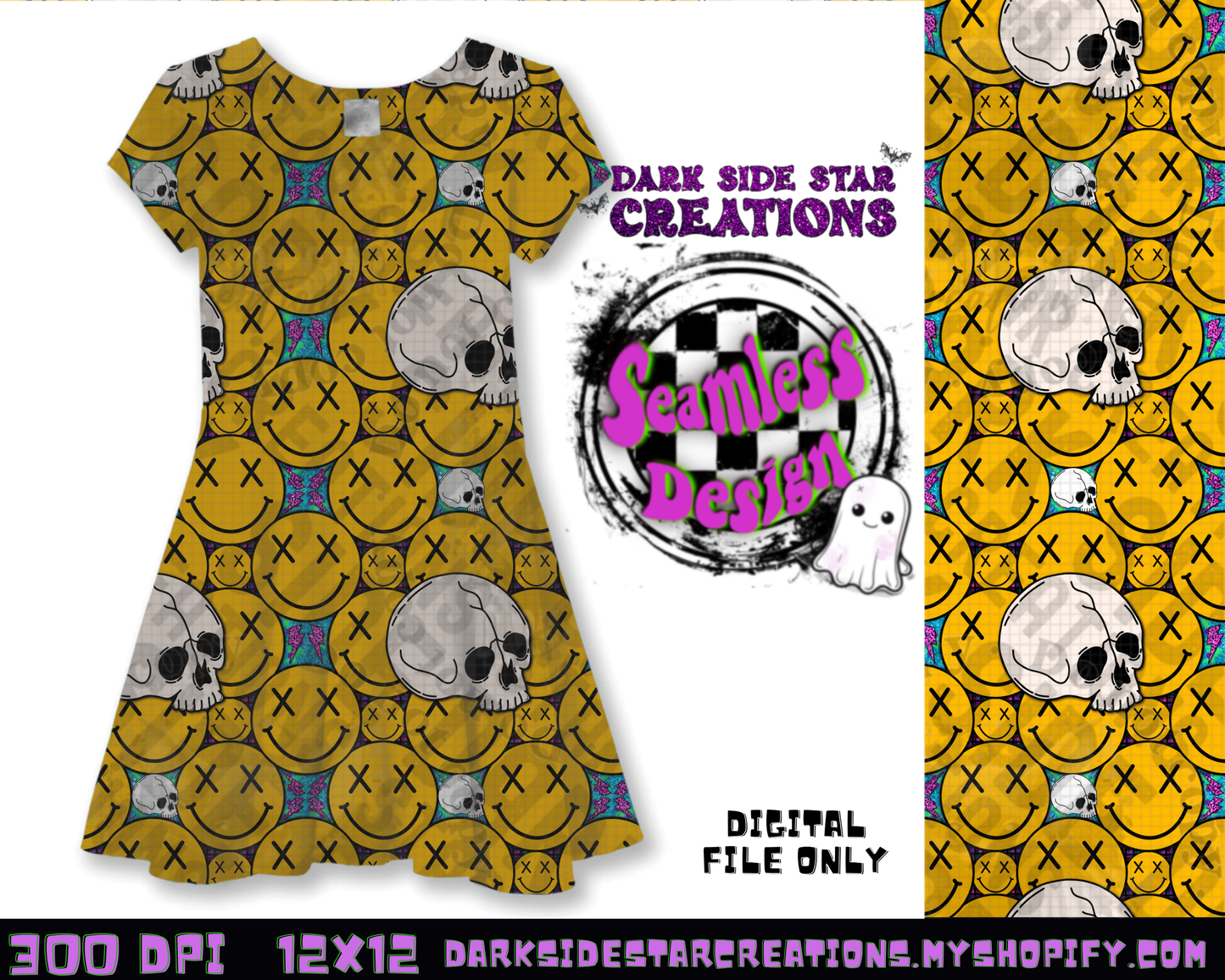 Happy Skull Seamless Design PNG | 300 DPI | 12X12 | Seamless | PNG | Digital Files Only (3 Sizes Included)