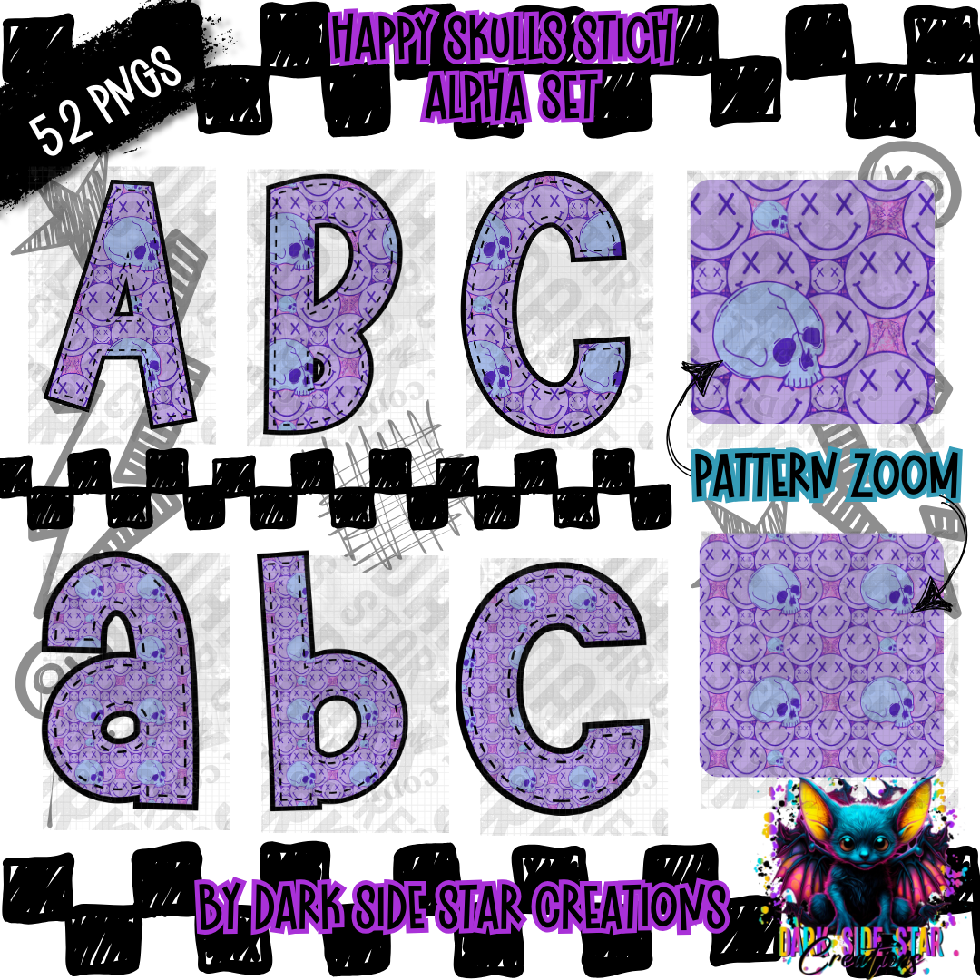 Happy Skull Stched Alpha Set | 300 DPI | Transparent PNG | Clipart & Elements | Alpha Set | A-Z Included | Uppercase | Lowercase |(52 Included)