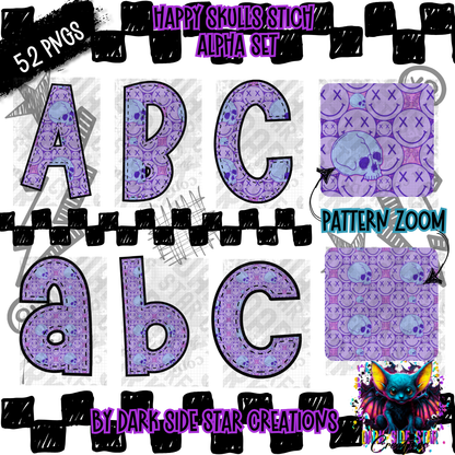 Happy Skull Stched Alpha Set | 300 DPI | Transparent PNG | Clipart & Elements | Alpha Set | A-Z Included | Uppercase | Lowercase |(52 Included)