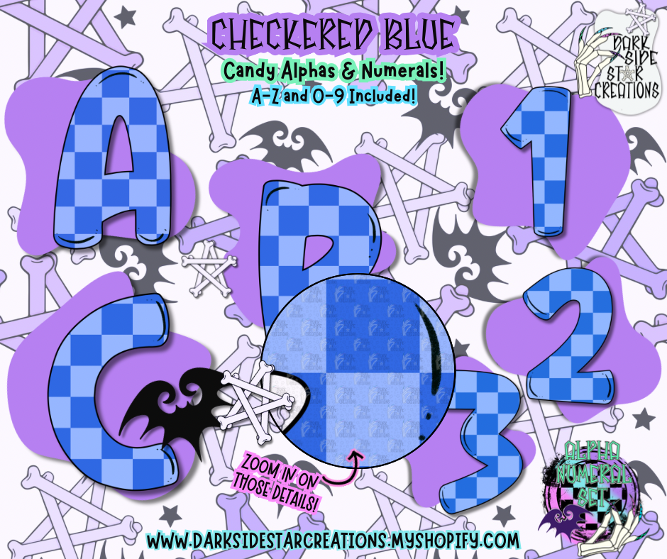 Checkered Blue Candy Alpha/Numeral Set | 300 DPI | Transparent PNG | Alpha Numeral Set| A-Z Included | Uppercase | 0-9 Included | (36 Included)