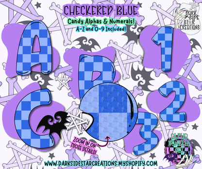 Checkered Blue Candy Alpha/Numeral Set | 300 DPI | Transparent PNG | Alpha Numeral Set| A-Z Included | Uppercase | 0-9 Included | (36 Included)