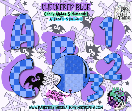 Checkered Blue Candy Alpha/Numeral Set | 300 DPI | Transparent PNG | Alpha Numeral Set| A-Z Included | Uppercase | 0-9 Included | (36 Included)