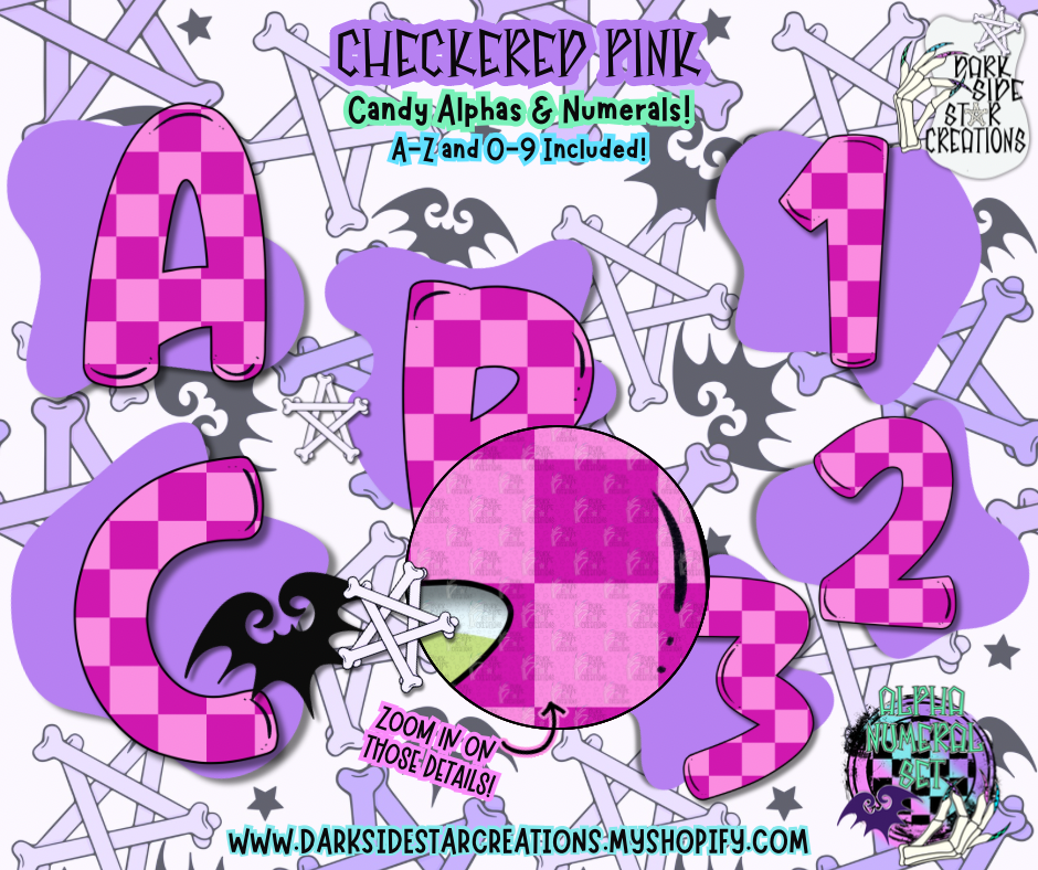 Checkered Pink Candy Alpha/Numeral Set | 300 DPI | Transparent PNG | Alpha Numeral Set| A-Z Included | Uppercase | 0-9 Included | (36 Included)