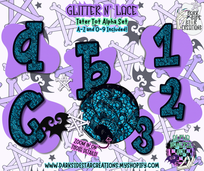Glitter N’ Lace Tater Tot Alpha/Numeral Set | 300 DPI | Transparent PNG | Alpha Numeral Set| A-Z Included | Lowercase | 0-9 Included | (36 Included)