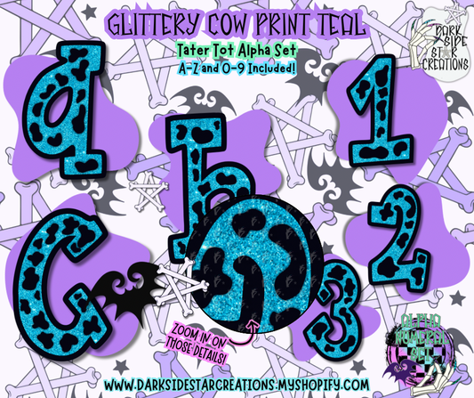 Glittery Cow Print Teal Tater Tot Alpha/Numeral Set | 300 DPI | Transparent PNG | Alpha Numeral Set| A-Z Included | Lowercase | 0-9 Included | (36 Included)
