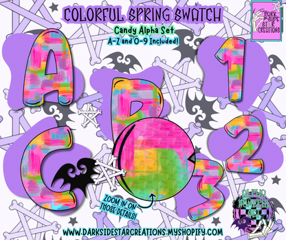 Colorful Spring Swatch Candy Alpha/Numeral Set | 300 DPI | Transparent PNG | Alpha Numeral Set| A-Z Included | Uppercase | 0-9 Included | (36 Included)