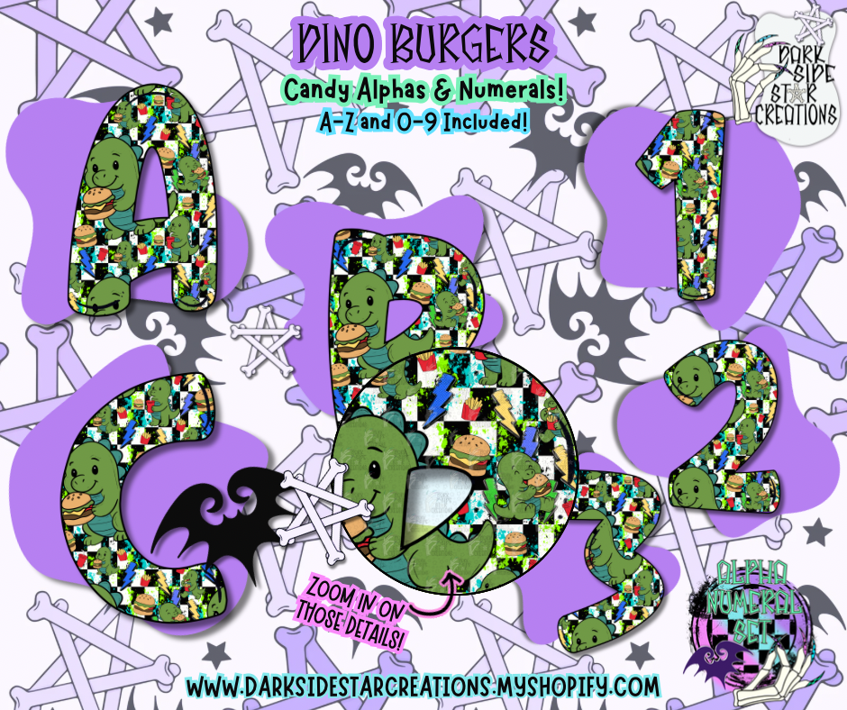Dino Burgers Alpha/Numeral Set | 300 DPI | Transparent PNG | Alpha Numeral Set| A-Z Included | Uppercase | 0-9 Included | (36 Included)