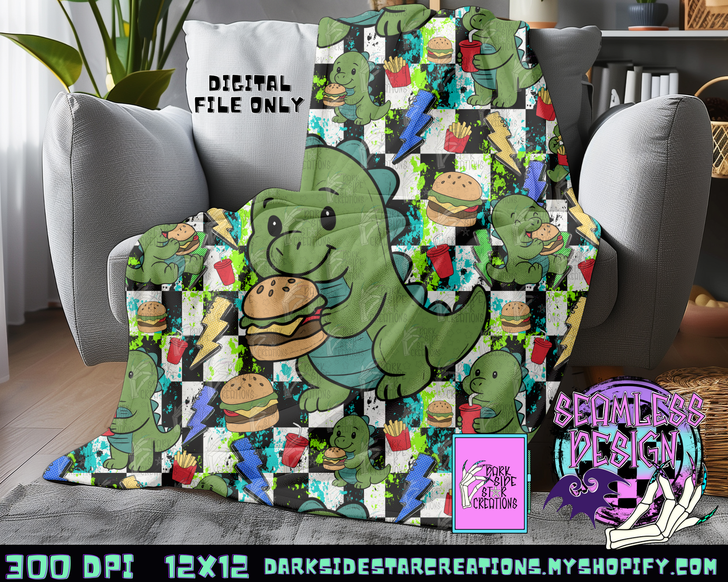 Dino Burgers Seamless Design PNG | 300 DPI | 12X12 | Seamless | PNG | Digital Files Only (1)