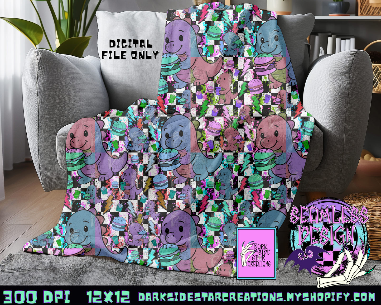 Wonky Dino Burgers Seamless Design PNG | 300 DPI | 12X12 | Seamless | PNG | Digital Files Only (1)