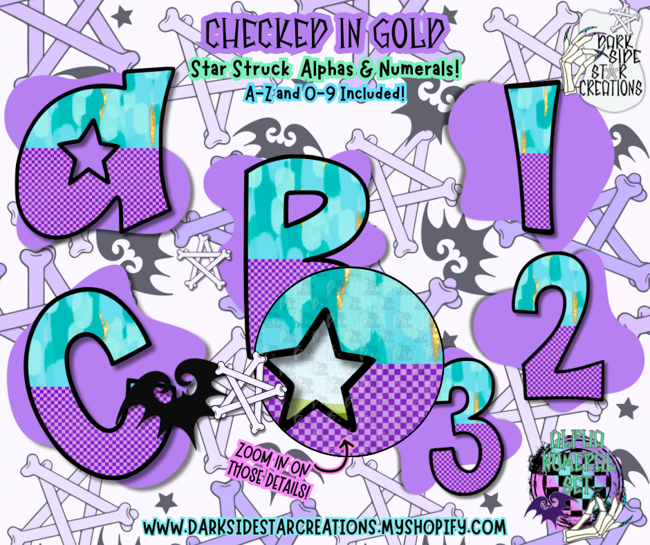 Checked In Gold Alpha Numeral Set | 300 DPI | Transparent PNG | Alpha Set | A-Z Included | Random Cases | 0-9 |(36 Included)