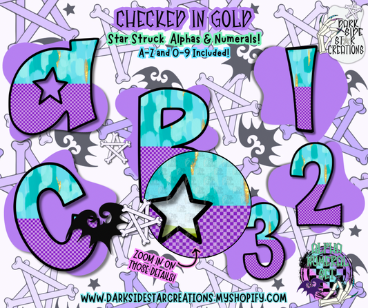 Checked In Gold Alpha Numeral Set | 300 DPI | Transparent PNG | Alpha Set | A-Z Included | Random Cases | 0-9 |(36 Included)