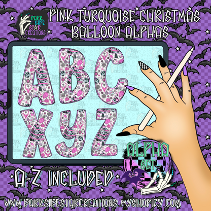 Pink Turquoise Christmas Alpha Set | 300 DPI | Transparent PNG | Alpha Set | A-Z Included |(26 Included)