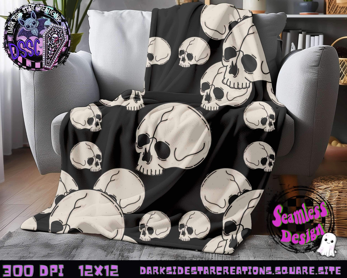 Skellie Skulls Black And White Seamless Design PNG | 300 DPI | 12X12 | Seamless | PNG | Digital Files Only (1)