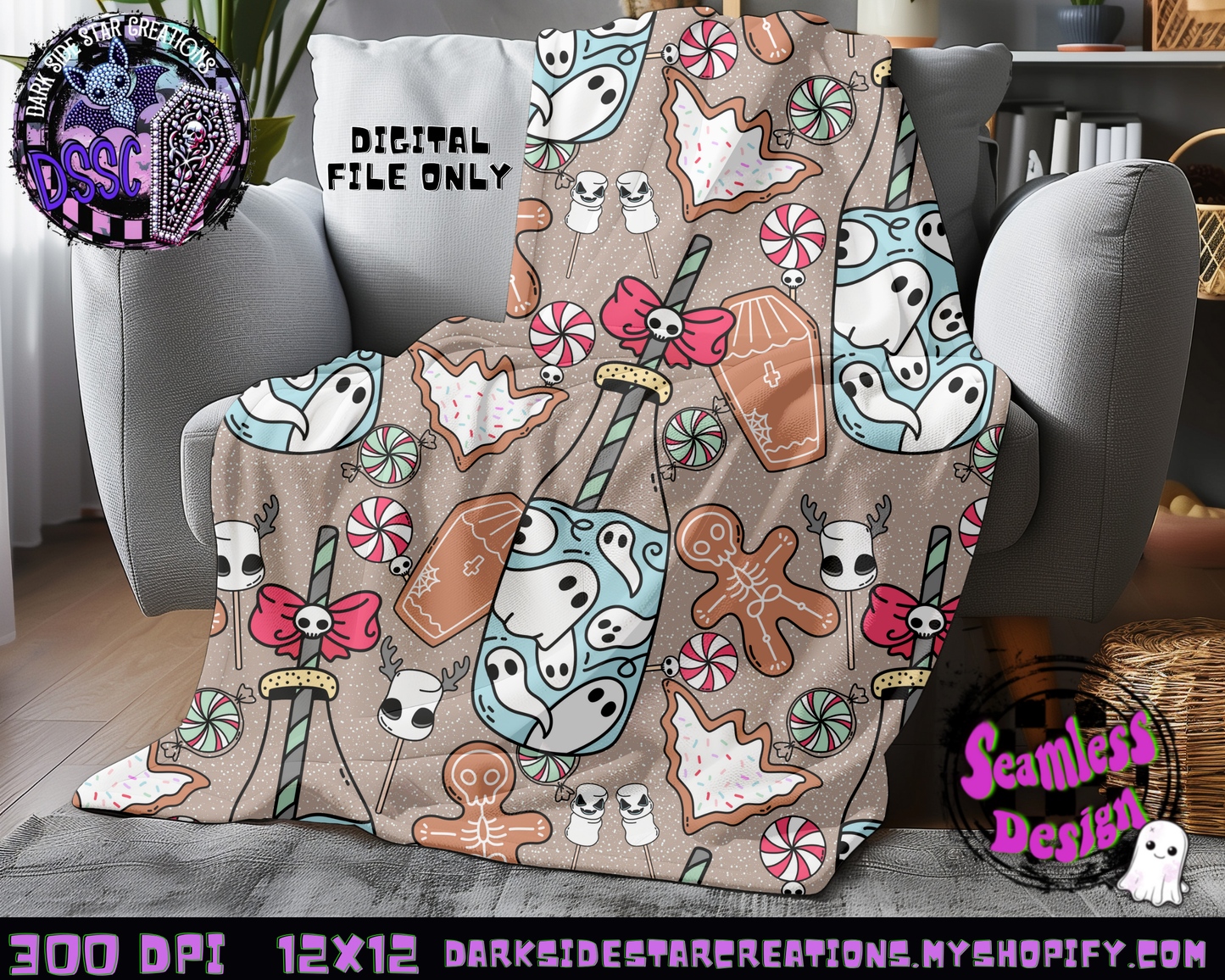 Milk and Creepmas Cookies Seamless Design PNG | 300 DPI | 12X12 | Seamless | PNG | Digital Files Only (3 Sizes Included)