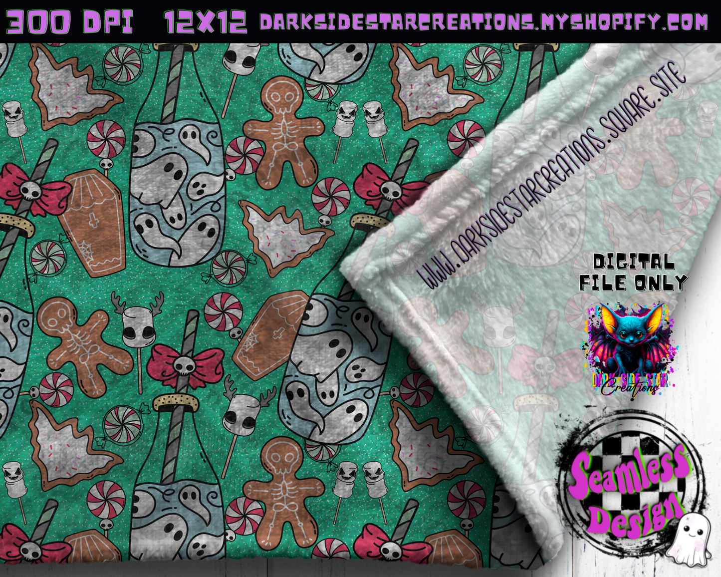 Milk and Creepmas Cookies Mint Seamless Design PNG | 300 DPI | 12X12 | Seamless | PNG | Digital Files Only (3 Sizes Included)