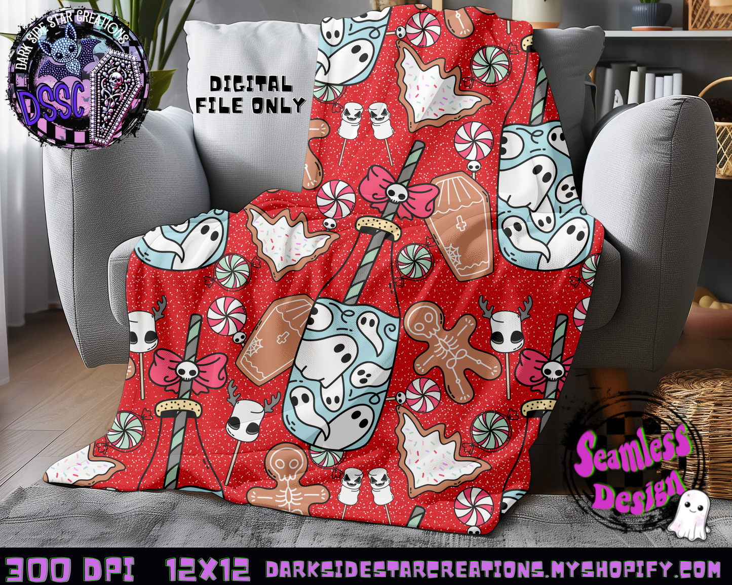 Milk and Creepmas Cookies Red Seamless Design PNG | 300 DPI | 12X12 | Seamless | PNG | Digital Files Only (3 Sizes Included)