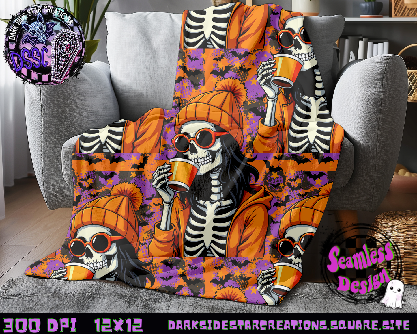 Fall Skellie Day Seamless Design PNG | 300 DPI | 12X12 | Seamless | PNG | Digital Files Only (1)