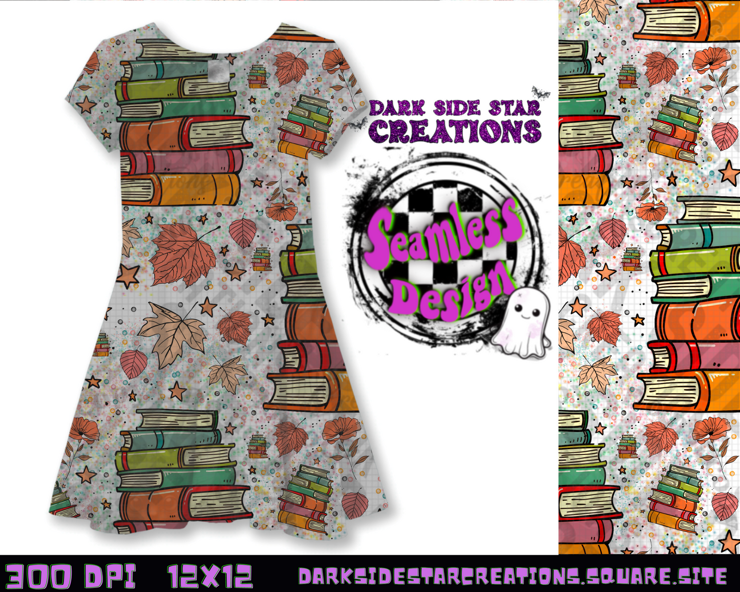 Books & Leaves Autumn Vibes Seamless Design PNG | 300 DPI | Seamless | 12X12 | PNG | Digital File Only (1)