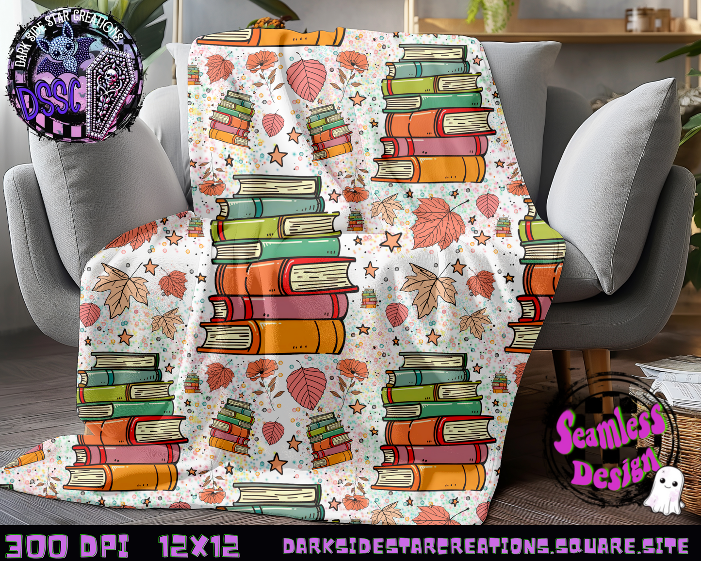 Books & Leaves Autumn Vibes Seamless Design PNG | 300 DPI | Seamless | 12X12 | PNG | Digital File Only (1)