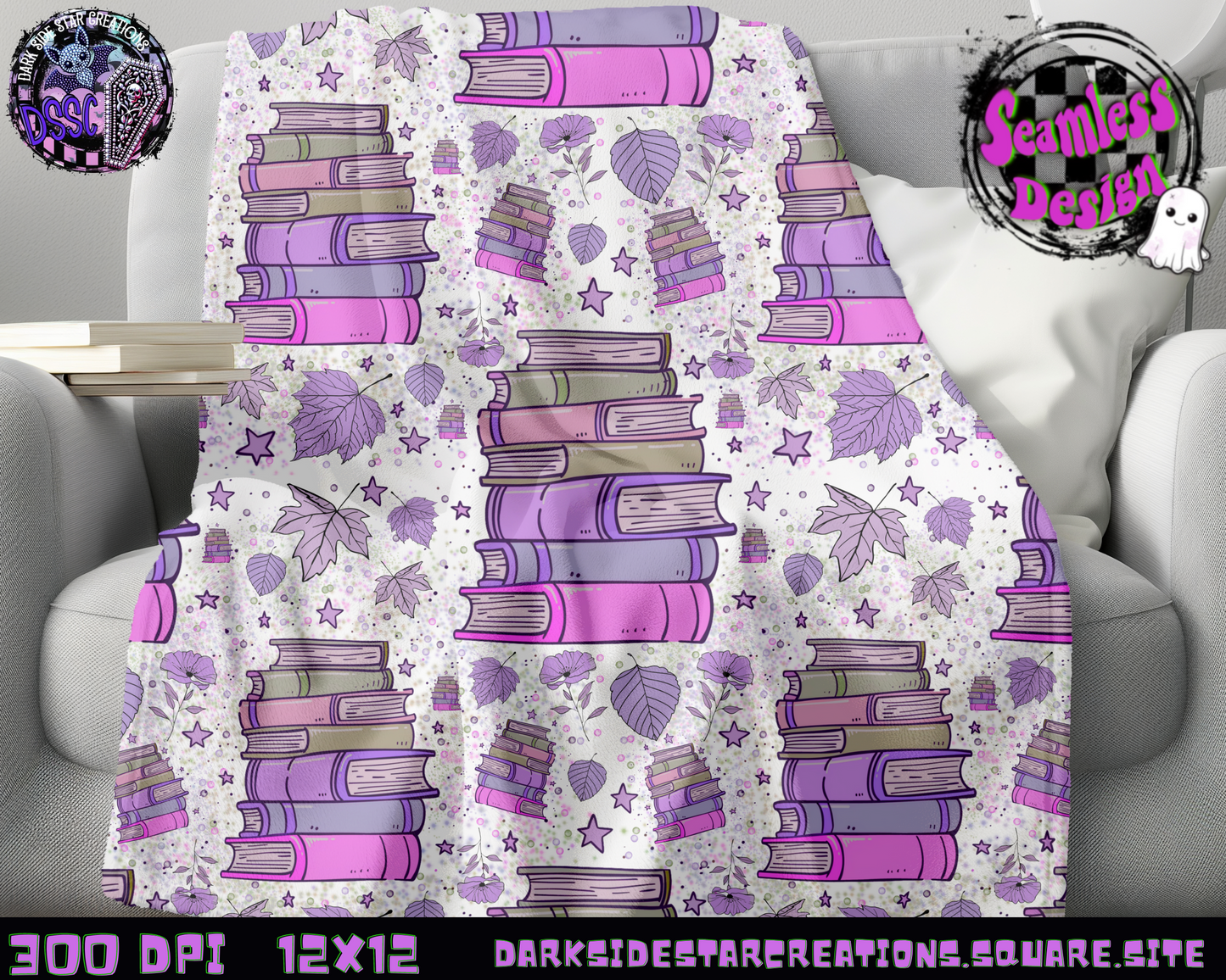 Purple Books & Leaves Seamless Design PNG | 300 DPI | Seamless | 12X12 | PNG | Digital File Only (1)