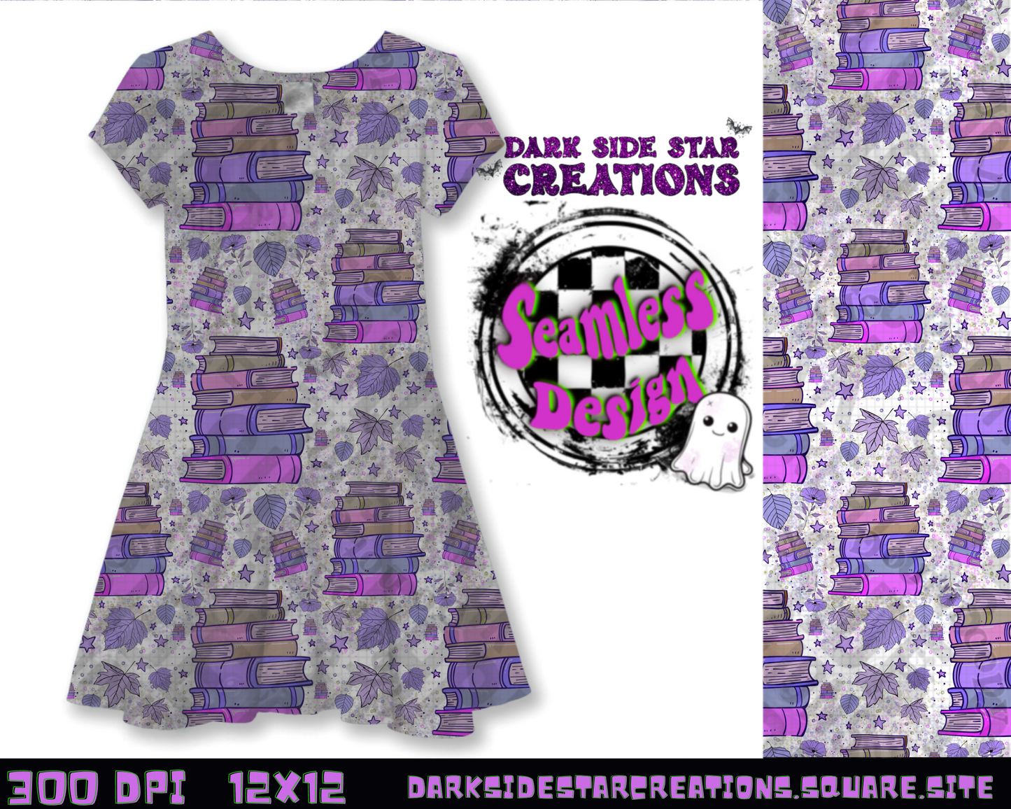 Purple Passion Books & Leaves Seamless Design PNG | 300 DPI | Seamless | 12X12 | PNG | Digital File Only (1)