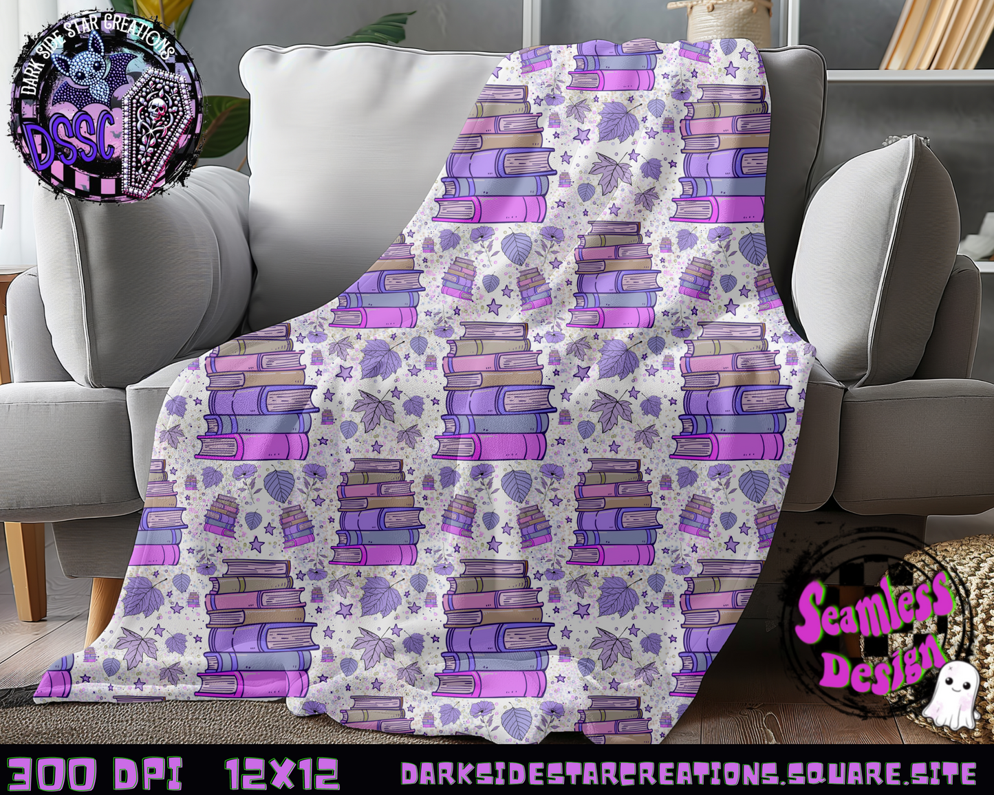 Purple Passion Books & Leaves Seamless Design PNG | 300 DPI | Seamless | 12X12 | PNG | Digital File Only (1)
