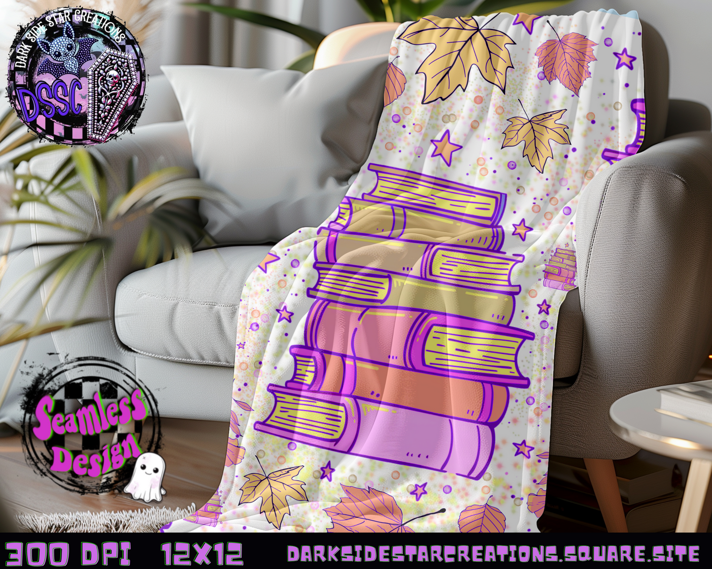 Purplish Books & Leaves Seamless Design PNG | 300 DPI | Seamless | 12X12 | PNG | Digital File Only (1)