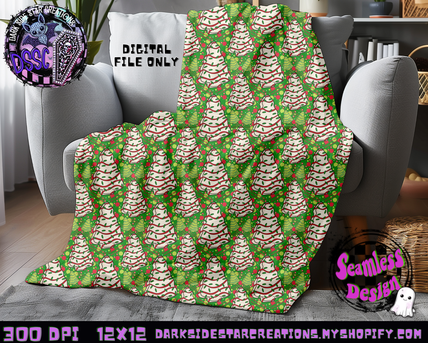 Christmas Tree Cakes Green Seamless Design PNG | 300 DPI | 12X12 | Seamless | PNG | Digital Files Only (3 Sizes Included)