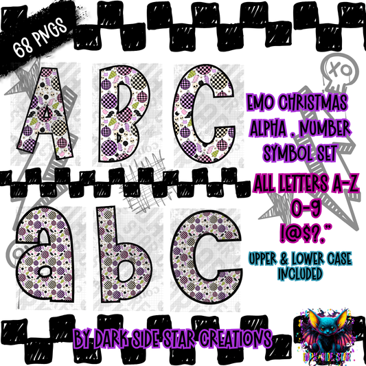 Emo Christmas Alpha, Numeral, And Symbol Set | 300 DPI | Transparent PNG | Alpha Set | Number Set |  A-Z Included | Uppercase | Lowercase | 0-9 Included | Symbols |(68 Included)