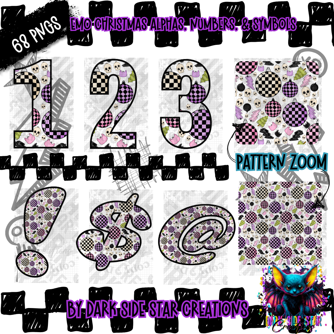 Emo Christmas Alpha, Numeral, And Symbol Set | 300 DPI | Transparent PNG | Alpha Set | Number Set |  A-Z Included | Uppercase | Lowercase | 0-9 Included | Symbols |(68 Included)