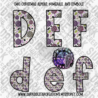 Emo Christmas Alpha, Numeral, And Symbol Set | 300 DPI | Transparent PNG | Alpha Set | Number Set |  A-Z Included | Uppercase | Lowercase | 0-9 Included | Symbols |(68 Included)