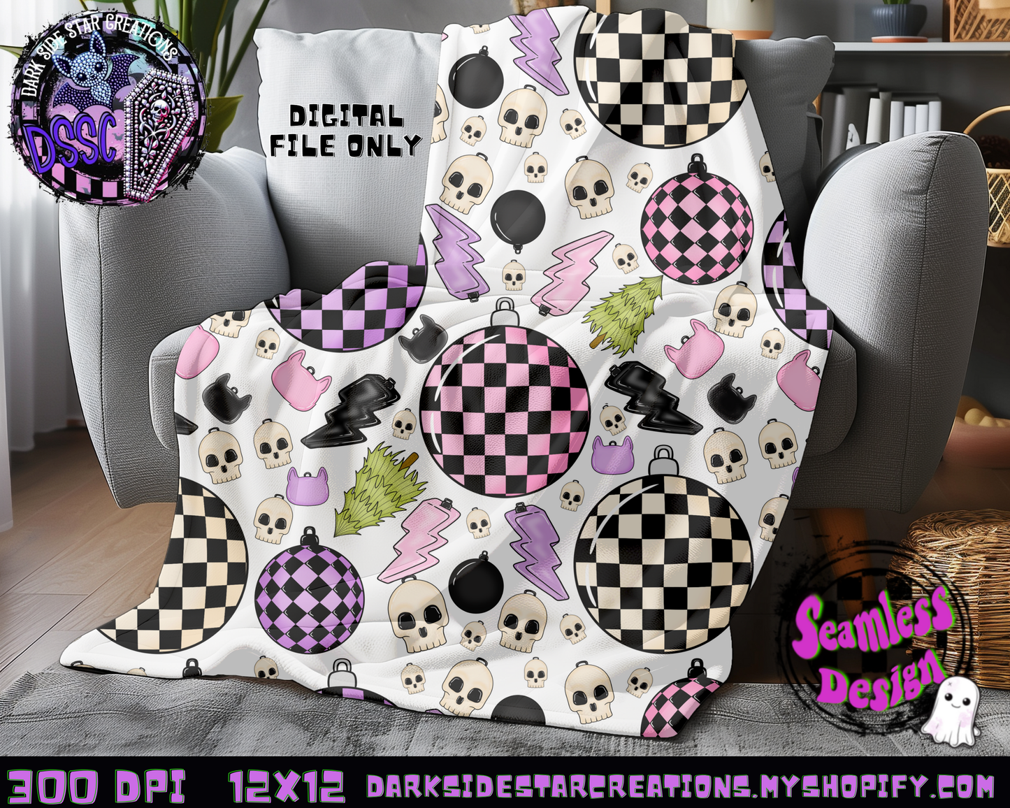 Emo Christmas Seamless White Designs PNG | 300 DPI | 12X12 | Seamless | PNG | Digital Files Only ( 3 Sizes Included)