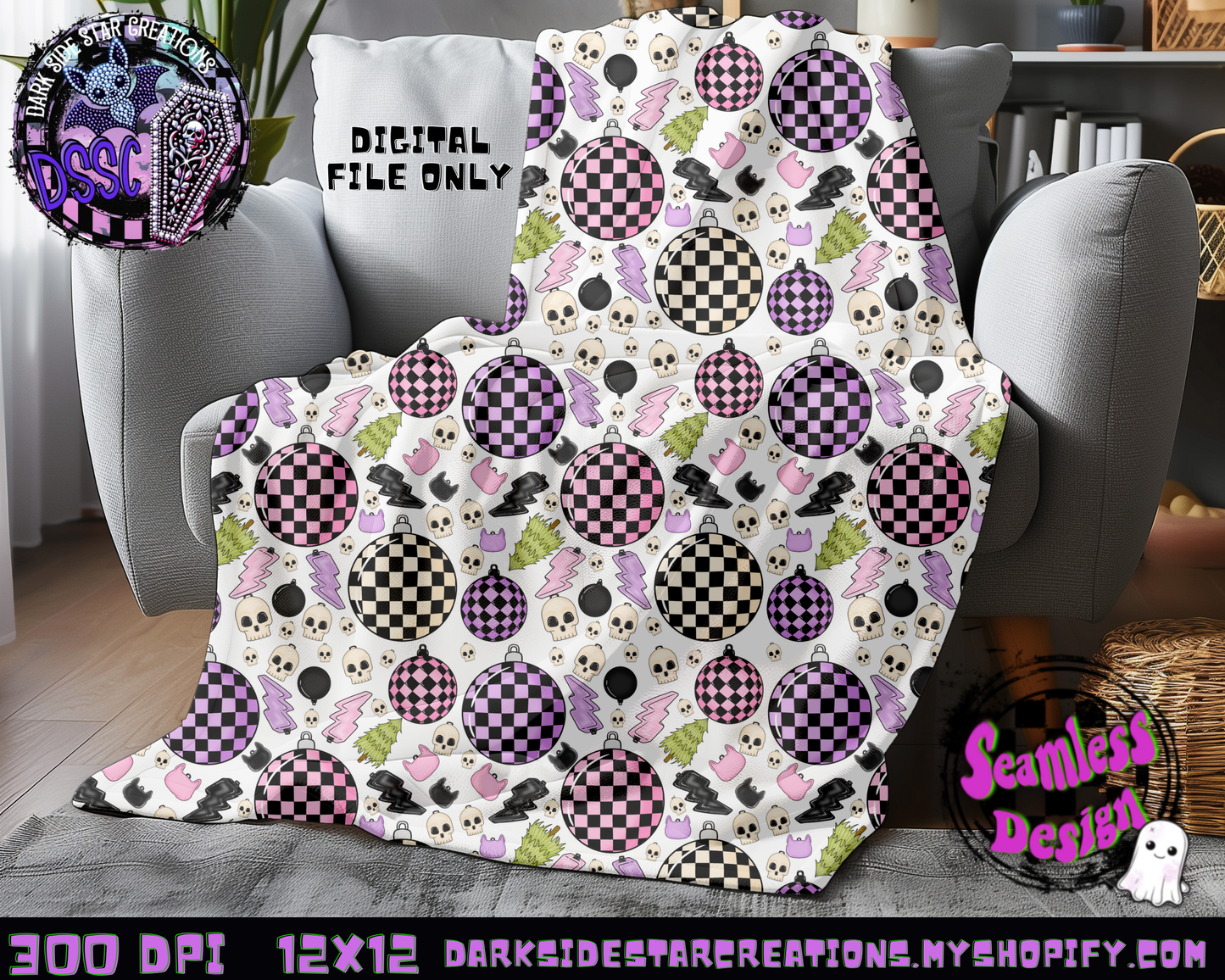 Emo Christmas Seamless White Designs PNG | 300 DPI | 12X12 | Seamless | PNG | Digital Files Only ( 3 Sizes Included)
