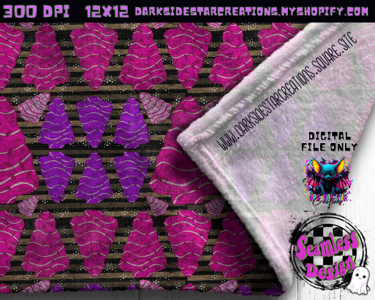 Purple And Pink Christmas Tree Cakes Seamless Design PNG | 300 DPI | 12X12 | Seamless | PNG | Digital Files Only (3 Sizes Included)